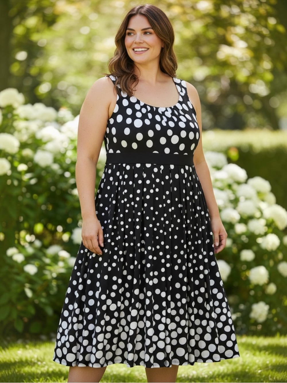 Woman Within polka dot dress black white long size 2X pleated sleeveless #335